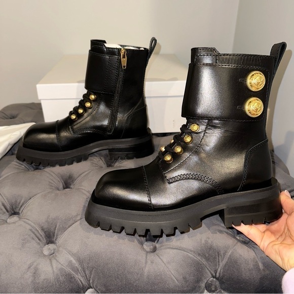 New Size 36.5 Balmain Calfskin Button Cuff Ranger Boots Black Gold - Picture 3 of 9